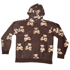 Bears Print Hoodie Men Large Forever 21 Brown Fleece Pullover Cozycore Cabincore